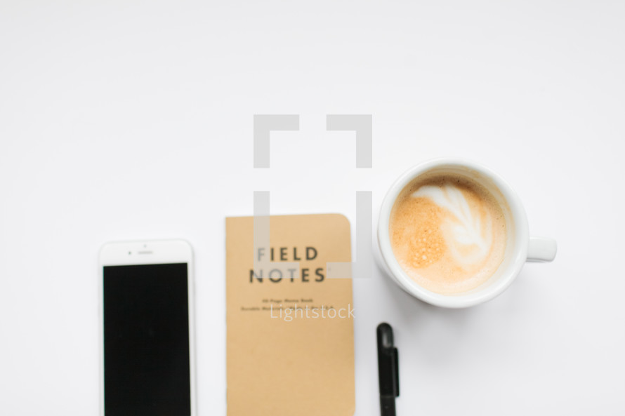 iPhone, field note book, pen, latte 