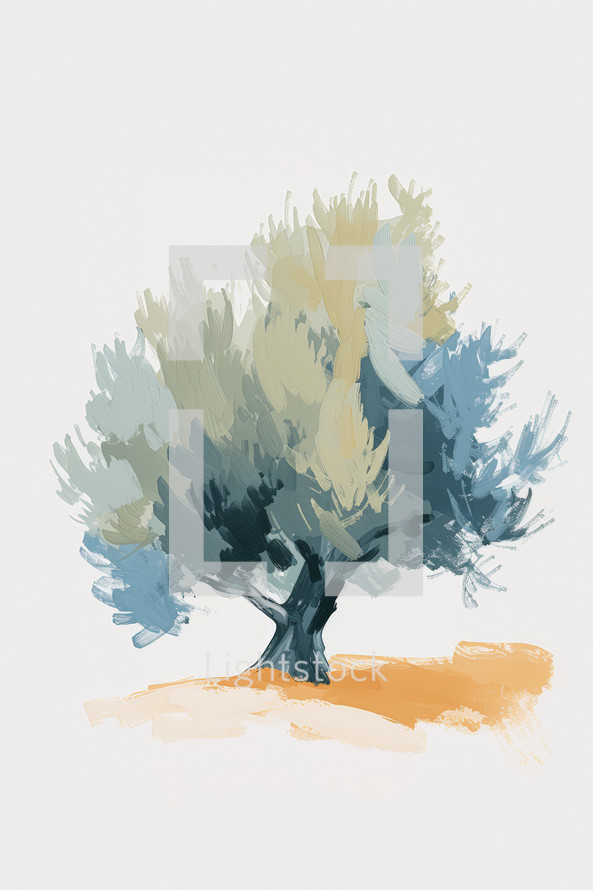 Impressionist painting of an olive tree, brushstroke texture, and a medley of cool and warm tones.