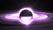 Close-up of Supermassive purple wormhole in Outer-Space. Black Hole with a turquoise disk on the Event Horizon.