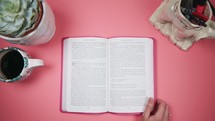 a woman reading a Bible at a pink desk 