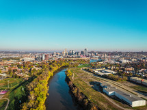 Bird's eye view of downtown Cincinnati, Ohio cityscape from Covington, Kentucky.