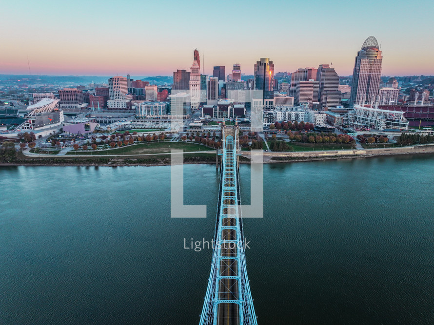 Bird's eye view of downtown Cincinnati, Ohio cityscape from Covington, Kentucky.