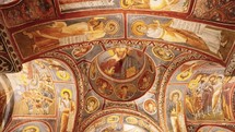 The interior of  the Dark Church or Yılanlı Kilise in Cappadocia ancient cave building in Turkey. Historical cave church.
