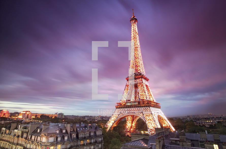 Elevated view of the Eiffel Tower at dusk, Paris. France.- for editorial use only.