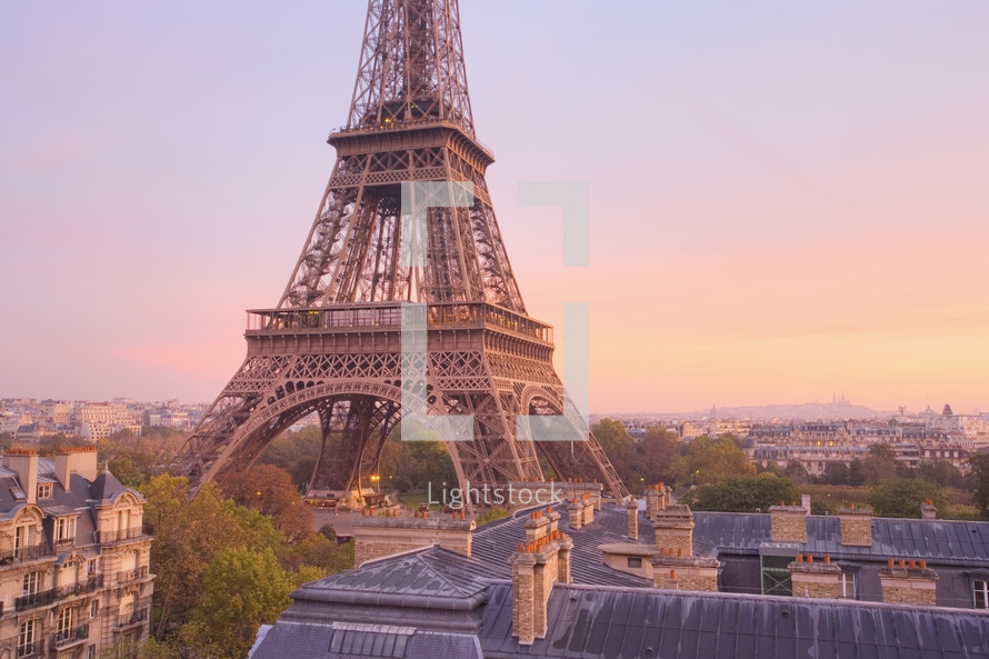 Elevated view of the Eiffel Tower at sunset, Paris, France.