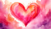 red and orange watercolor heart with pink, orange, purple watercolor background