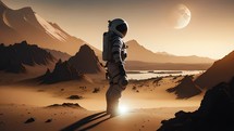 On an alien world, an astronaut in a spacesuit stands amid rocks and mountains, with the planet visible in the sky.