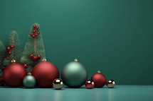 Vibrant colored baubles with greenery and berry accents on a green background
