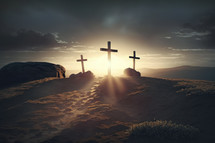 Three crosses on Calvary with the sun piercing the darkness