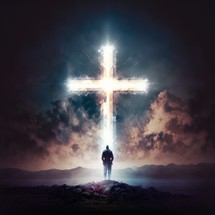 Silhouette of a person witnessing an illuminated cross in a dramatic landscape