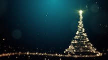 Glowing gold Christmas tree animation with particles lights stars and snowflakes on green. Holidays concept background.