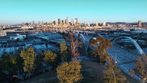 Cinematic view of the sunrise in LA and the new 6th Street bridge.