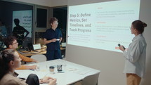 Female Colleagues Giving Business Presentation on Night Meeting in the Office
