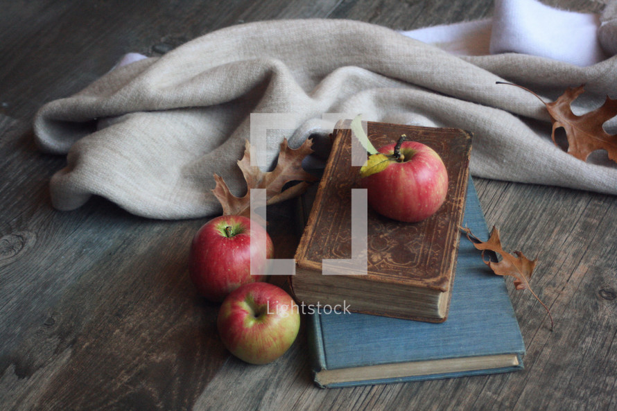 Vintage Old Bible and Books with Apples, Warm Blanket and Fall Leaves Over Rustic Wood Texture Background