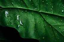 AI Generated Image. Close up view on a green leaf background with water drops