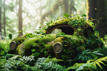 AI Generated Image. Car covered by the moss plant and leaves. Earth Day concept