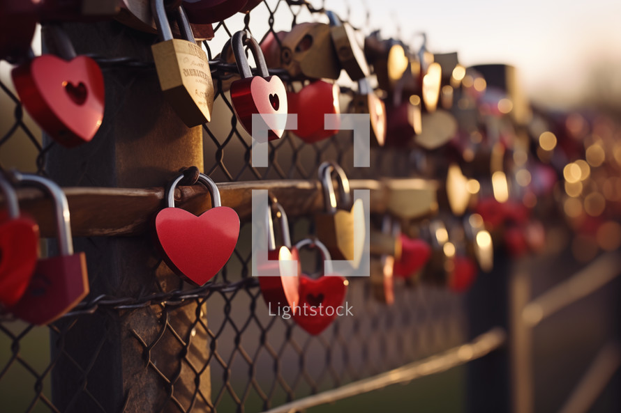 AI Generated Image. Heart Locks on a Fence. Valentine’s Day concept