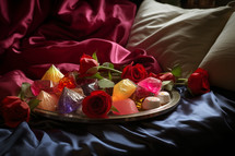 AI Generated Image. Roses and candies on a bed at night for Valentine Day celebration