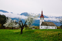A white church with a red steeple in a green pasture and mountains.