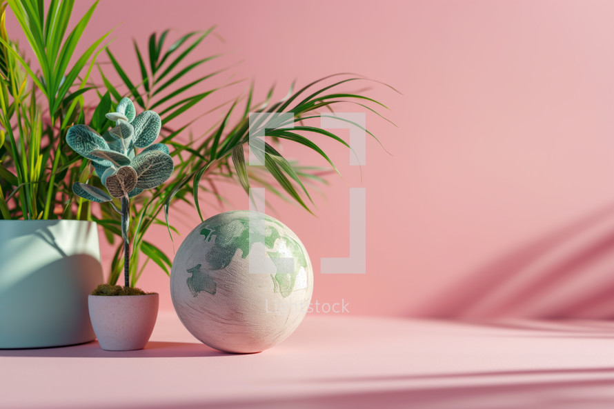 AI Generated Image. Earth Day mockup on a pink background with copy space and plants