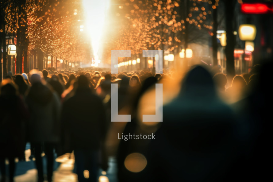AI Generated Image. Unrecognizable crowd on busy Christmas illuminated city street