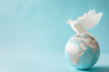 AI Generated Image. White Peace dove with outstretched wings on an Earth planet globe