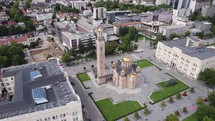 Beautiful orthodox cathedral in Banja Luka, Bosnia and Herzegovina, aerial orbit