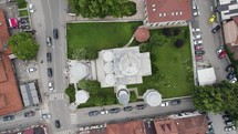 Aerial birds eye view over Bosnia Banja Luka Ferhadija Mosque 