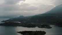 Lake Atitlan At The Highland Of The Sierra Madre Mountain Range In Guatemala. aerial	