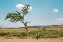 man with bananas on a bicycle on a dirt road 