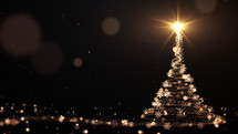 Christmas tree with particles lights stars and snowflakes on black. Holidays concept background