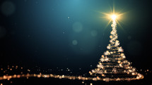 Christmas tree with particles lights stars and snowflakes on green. Holidays concept background