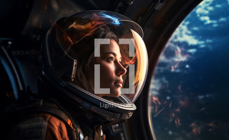 AI Generated Image. Female space traveler looking through the spaceship window