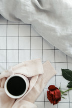 sweater, roses, sheets, linens, bed, bedding, bedspread, coffee mug, grid