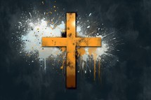 Christian Cross with Golden Paint Splatter