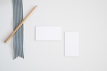 blank, white, notecard, paper, ribbon, stripes, desk, pencil 