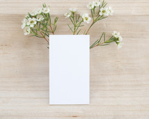 blank, white, notecard, paper, flowers, wood bowl