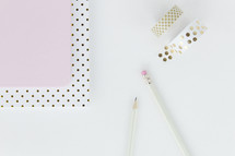 polka dot, gold, white, pink, notebooks, pencil, stationary, and tape 