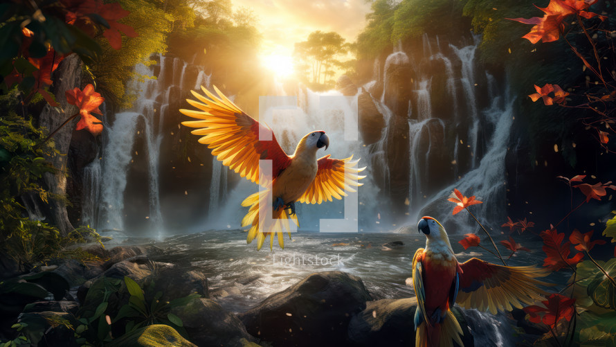 Colorful parrots near a waterfall in the morning light. Paradise concept
