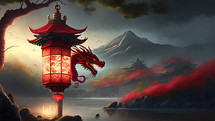 Chinese landscape with red dragon 