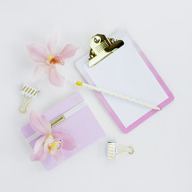 clipboard, paper, orchid, pink, blank, pencil, flower, clips, gold, white background, desk 
