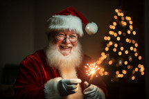 AI generative images. Smiling and playful Santa holding sparkler
