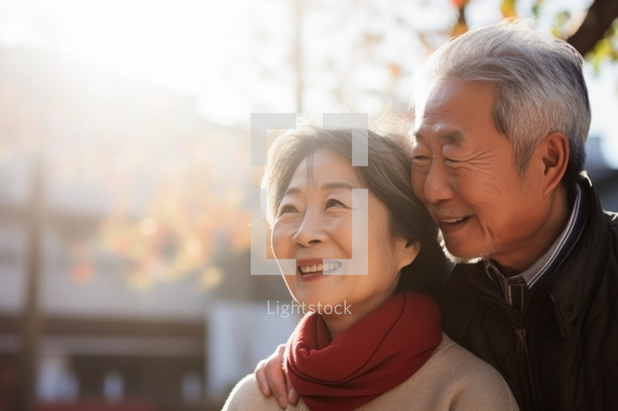 AI generated image. Happy Asian Senior couple together in autumn
