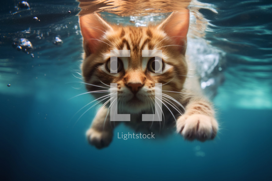 AI Generated Image. Cute little kitty swimming underwater and looking at camera
