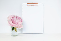 pink peony in a vase and clipboard 