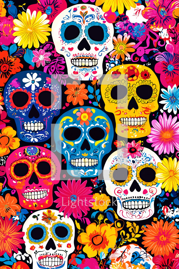 AI Image. Illustration of Day of the Dead with colorful sugar skulls adorned floral patterns