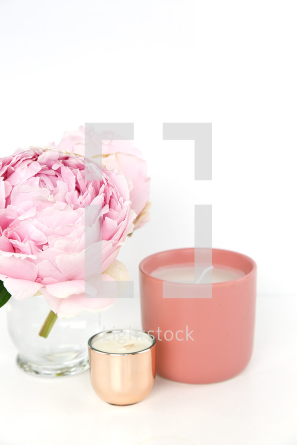 pink peony, candles, vase
