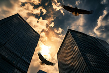 AI Image. Business office skyscrapers and bald eagles flying in majestic sky