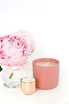 pink peony, candles, vase
