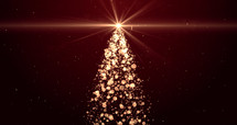 Glowing gold Christmas tree with particles lights stars and snowflakes on red. Holidays concept background